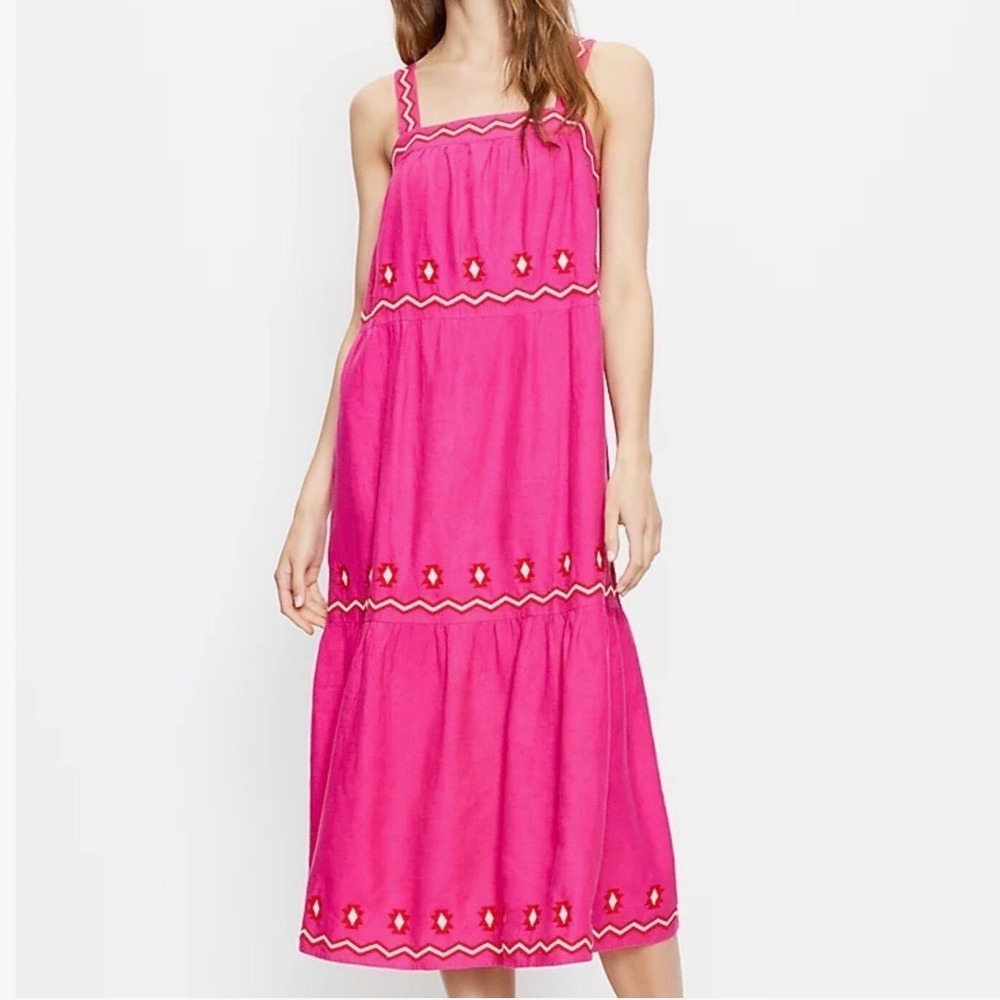 LOFT Boho Linen Sleeveless Embroidered‎ Pink Midi Dress Women's Size Medium